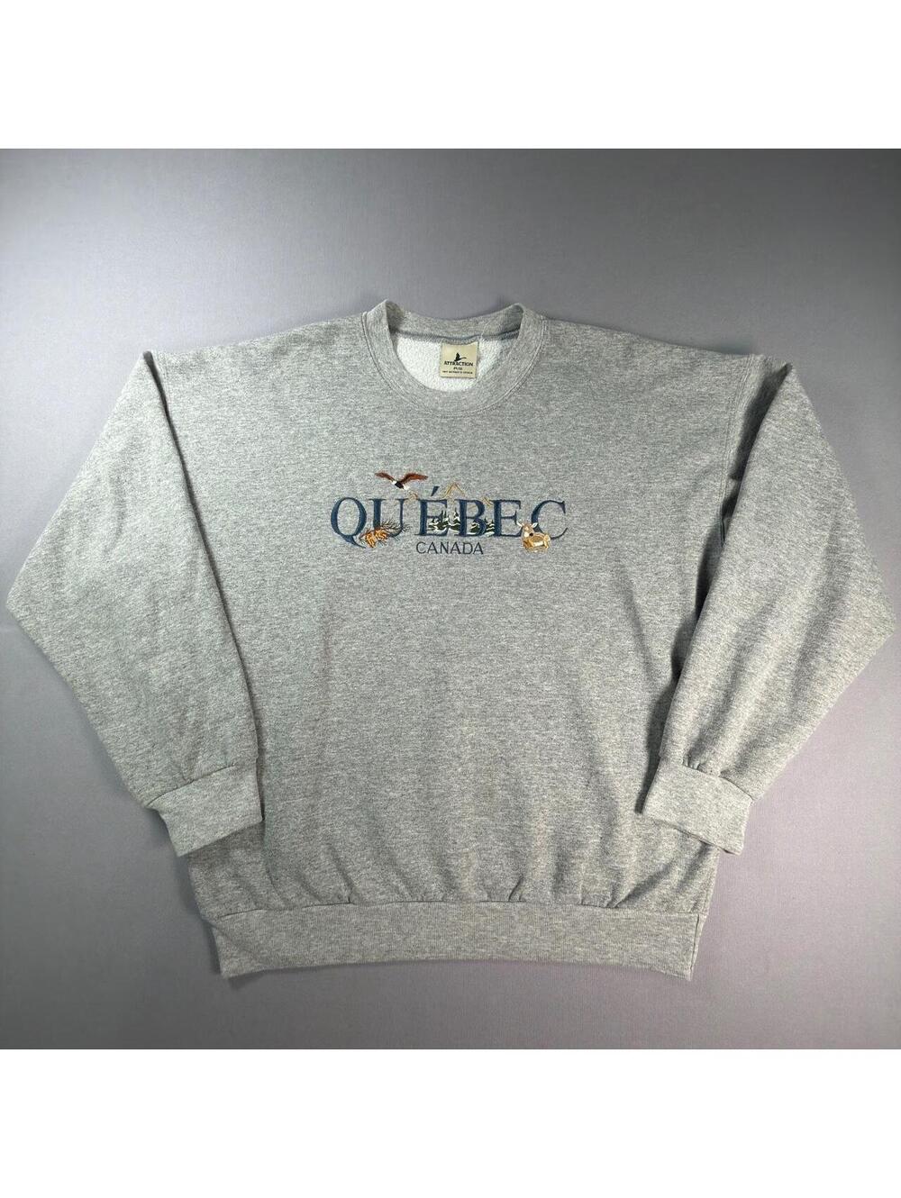 VTG 90s Quebec Canada Embroidered Souvenir Crewneck Sweatshirt Mens XL Grey